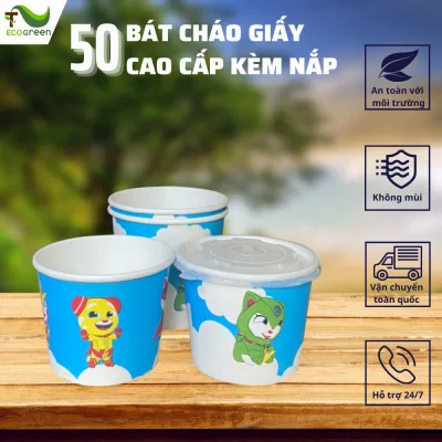Combo 50 Tô Cháo, Bát Giấy Trắng IN HÌNH Chịu Nhiệt Dùng Một Lần Kèm Nắp - An Toàn Môi Trường