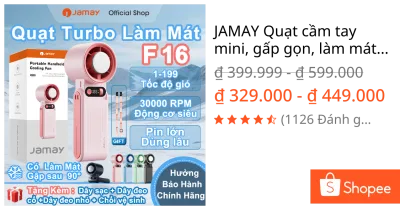 JAMAY Quạt cầm tay mini, gấp gọn, làm mát, sạc pin F16 A