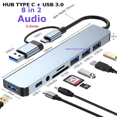 8 trong 2 USB A Type C hub Bộ chia cổng AUDIO OTG Docking StationUSB 3.0 SD Đầu đọc thẻ TF Âm thanh