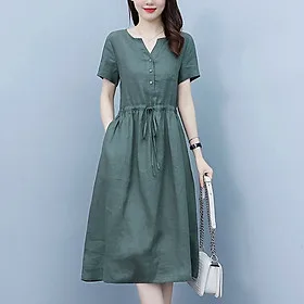 Đầm Linen dáng suông cỏ V có túi 2 bên sườn kèm dây rút eo trẻ trung, tôn dáng da218