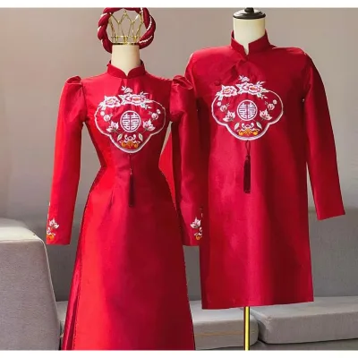 Áo dài hỏi cưới chữ hỷ và hoa