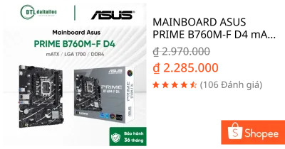 MAINBOARD ASUS PRIME B760M-F D4 mATX / LGA 1700 / DDR4 | Chính Hãng | Bảo Hành 36 tháng