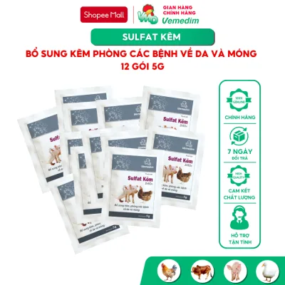 Vemedim Sulfate kẽm ZnSO4 Bổ sung khoáng vi lượng cho gia súc, gia cầm, set 12 gói 5g