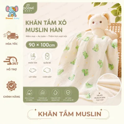 Khăn Tắm Xô Muslin Hàn 90x100cm Cho Bé, Mềm Mịn Thấm Hút - HT630 - Doomi Baby