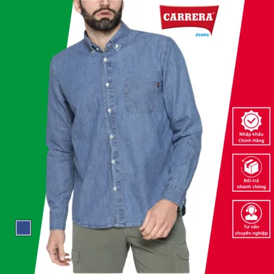 Carrera Jeans High Quality Light Blue Men's Classic Denim Shirt Long Sleeve Plain Turn-Down Collar Genuine Imported from Italy_205A1005A