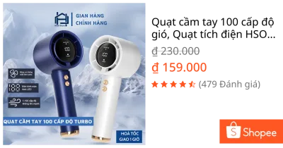 Quạt cầm tay 100 cấp độ gió, Quạt tích điện HSON pin cao 5000 MAH hiển thị đèn led, sử dụng lâu, di động, gió mạnh