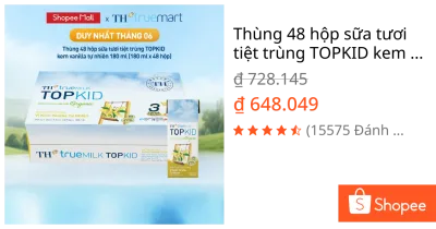 Thùng 48 hộp sữa tươi tiệt trùng TOPKID kem vanilla tự nhiên TH true MILK 180ml