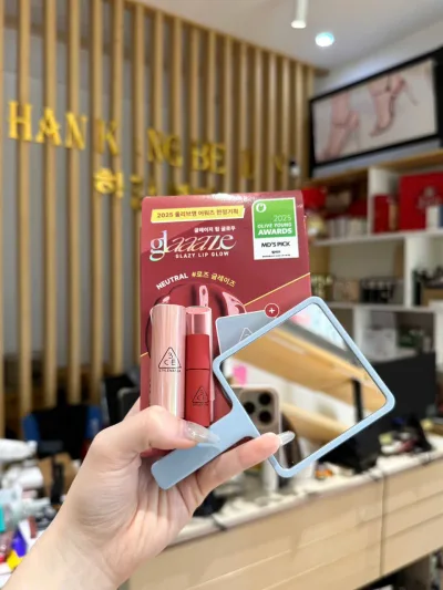 3Ce Glazy Lip Glow Colored Lip Balm Set 3.2g Color 34 Rose Glaze - Dried Pink (Comes with Mini Daffodil Lipstick + Mirror)