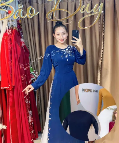 Áo dài mẹ xanh đen kết hoa