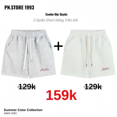 Combo 2 Quần Short Nam Thêu Chữ PN.Store (1993) - Chất Nỉ 2 Da, Dáng Trên Gối, Không Bai Xù