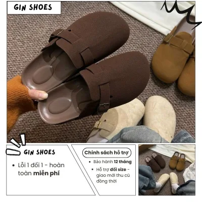 Sục Nữ, Dép Slip On Giày Lười Nữ Da Lộn Đế Cao 3cm Khóa Vắt Ngang Màu Nâu Kem Vàng || Mã N57