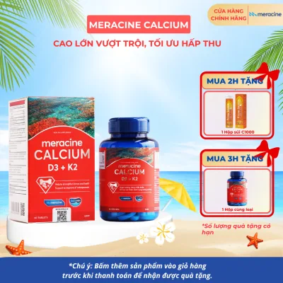 Canxi hữu cơ từ tảo biển đỏ Meracine Calcium D3K2 giúp xương, răng chắc khỏe, hỗ trợ phát triền chiều cao (Hộp 60 viên)