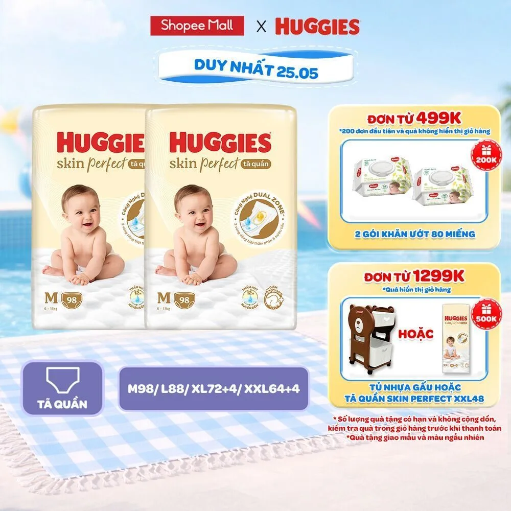 Combo 2 gói Tã quần Huggies Skin Perfect Mega cỡ M/L/XL/XXL với 2 vùng thấm giảm kích ứng da