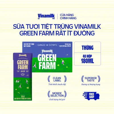 Thùng 48 Hộp Sữa Tươi Tiệt Trùng Vinamilk Green Farm Rất ít đường 180ml [Có thể nhận bao bì Tết/ Thường