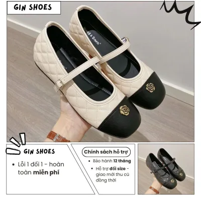 Giày Búp Bê Nữ, Giày Đế Bệt Mũi Tròn Chất Da Mềm Mix Hoa Trà Đen Kem Nhẹ Nhàng || Mã N60
