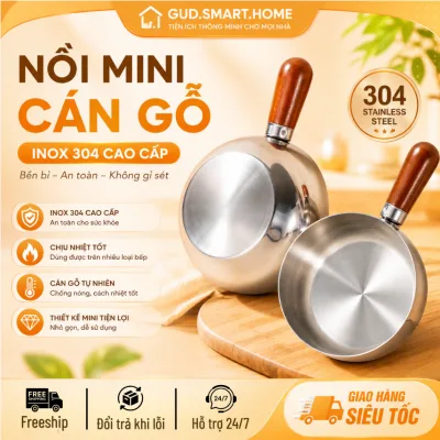 Nồi mini inox cán gỗ chống bỏng Không Nắp – Nấu mì, đun sữa, làm sốt – Dùng bếp gas & bếp từ