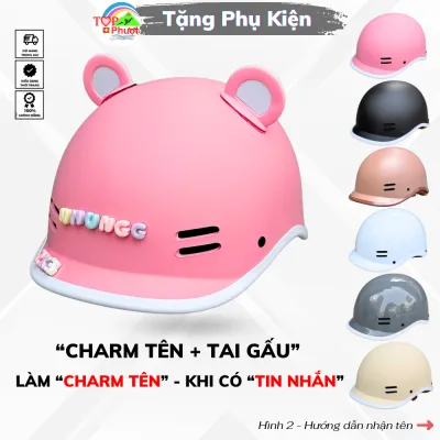 Nón Bảo Hiểm Kiểu Cá Heo Cao Cấp Màu Hồng Nhám , Phụ Kiện Tai gấᴜ Và Charm Tên Gắn Mũ Cute Tặng Kèm