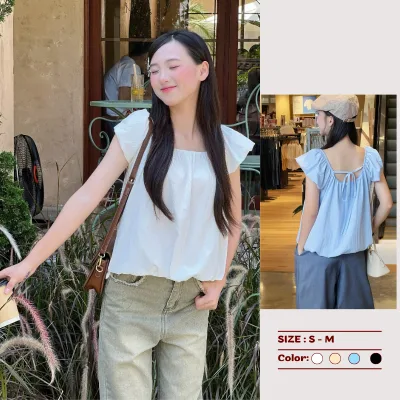 Áo sơ mi kiểu nữ cổ rộng tay bồng dây buộc nơ mặc hè A70