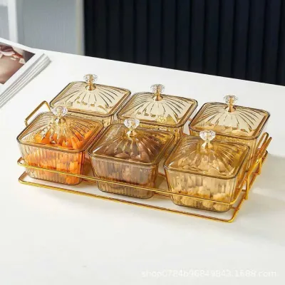 Khay mứt tết 6 ngăn vuông nắp kim cương,khay đưng đồ ăn vặt Hũ Đựng Bánh Kẹo Ngày Tết Kết Hợp Decor, Kiểu Sáng Hiện Đại