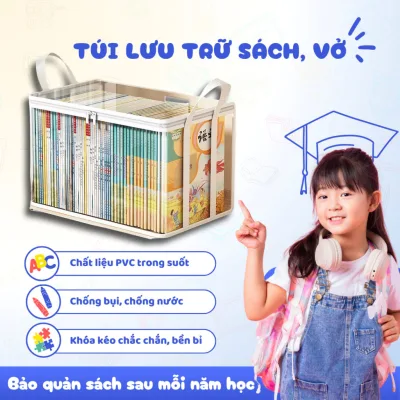 Túi đựng lưu trữ sách, vở, truyện, thú bông, chất liệu PVC trong suốt, có khóa kéo, dễ quan sát, chống bụi bẩn