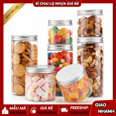 Hũ Nhựa Pet Trong Suốt Nắp Nhôm Cao Cấp Có Nắp Lót 200ML-1500ML | Đựng Thực Phẩm Đồ Khô, Bánh Mứt, Ngũ Cốc, Trái Cây Sấy