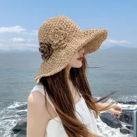 Mũ cói rộng vành đính hoa gấp gọn, nón cói mềm thời trang đi biển mùa hè dành cho nữ