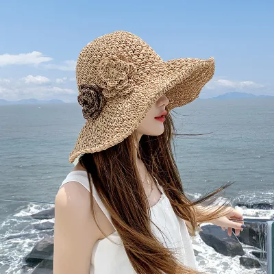 Mũ cói rộng vành đính hoa gấp gọn, nón cói mềm thời trang đi biển mùa hè dành cho nữ