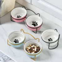 Bát Cho Mèo Nâng Cao Bằng Gốm Có Giá Đỡ Bằng Kim Loại Dụng Cụ Cho Thú Cưng Ăn Uống Nước Và Thức Ăn Hoạt Hình Dễ Thương Cho Mèo Và Cún Con