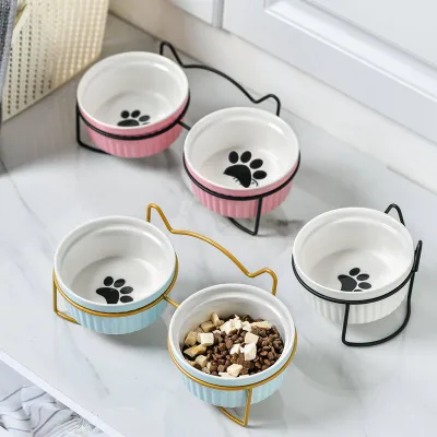 Bát Cho Mèo Nâng Cao Bằng Gốm Có Giá Đỡ Bằng Kim Loại Dụng Cụ Cho Thú Cưng Ăn Uống Nước Và Thức Ăn Hoạt Hình Dễ Thương Cho Mèo Và Cún Con
