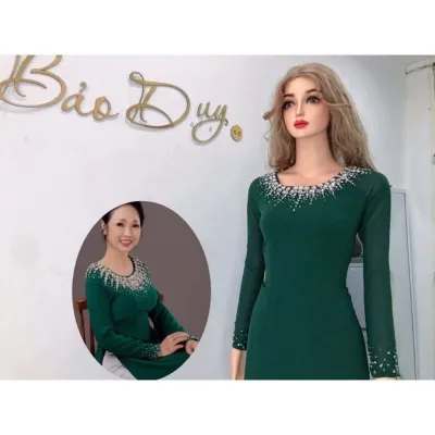 áo dài sui xanh cổ tròn đính đá