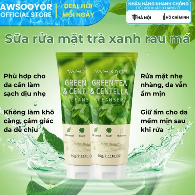 AWSOOYOR Sữa rửa mặt trà xanh rau má 60g làm sạch da mà vẫn êm ái, chăm sóc da dầu hằng ngày,phù hợp nhiều loại da
