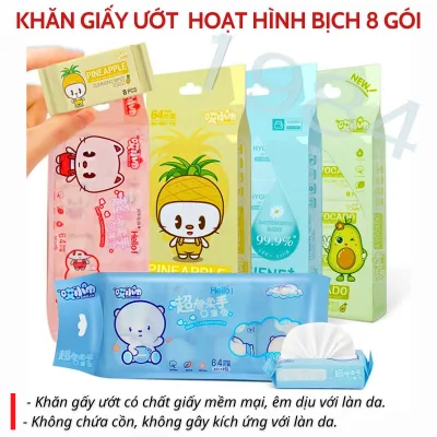 Set 8 Khăn ướt mini, Giấy ướt mini bỏ túi du lịch tiện lợi 1 gói to gồm 8 gói nhỏ Dùng Một Lần
