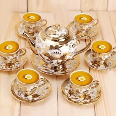 Bộ Ấm Trà Hoàng Gia (1 Bình , 6 Ly, 6 ĐĨA ) - đồ dùng uống trà - đồ dùng bàn ăn- BỘ ẤM TRÀ VÀNG- BỘ ẤM TRÀ SỨ