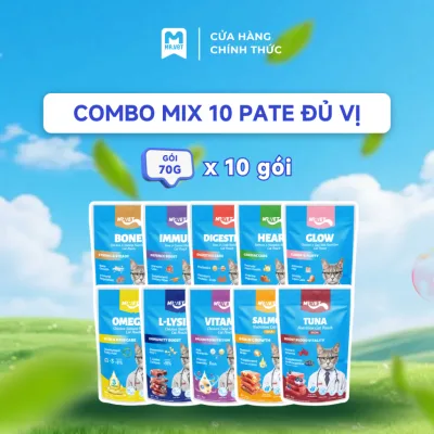 COMBO MIX 10 Pate Dinh Dưỡng Mrvet Gói 70G Đủ Vị, Hỗ Trợ Tim Mạch, Tiêu Hóa, Hệ Miễn Dịch, Da Lông
