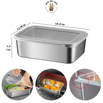 Hộp đựng thức ăn inox 304 size Trung 1100ml có nắp đậy, Khay inox đựng thực phẩm chống gỉ 18.2x12.9x5.9Cm