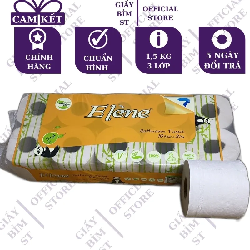 Giấy vệ sinh gấu trúc ELENE than tre tự nhiên không chất tẩy trắng 3 lớp 10 cuộn chính hãng cho quán ăn nhà hàng