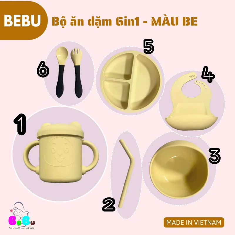 Bộ ăn dặm BeBu Silicon Cao cấp 6in1 cho bé MÀU BE