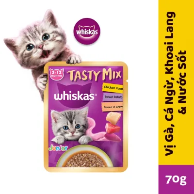 WHISKAS TASTY MIX Thức Ăn Cho Mèo Con Dạng Sốt Vị Gà, Cá Ngừ, Khoai Lang & Nước Sốt, 70g
