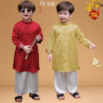 Phu Quy Ao Dai Set, Tet Ao Dai with Pants for Boys, Silk with Brocade Sleeves, Bernie, for Children from 9 to 24kg 22B490