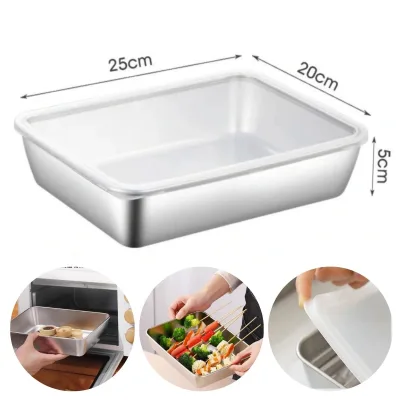 Hộp đựng thức ăn inox 304 size lớn có nắp đậy, Khay inox đựng thực phẩm chống gỉ 25x20x5Cm