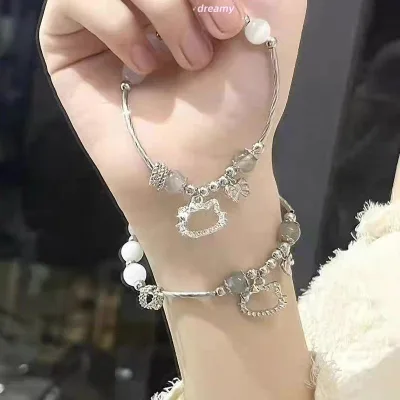 💕Dreamy💕Sanrio Hello Kitty Y2K Vòng Tay Thắt Nơ Anime Kawaii Giai Điệu Của Tôi Bạc Ánh Trăng Đá Nữ Cô Gái Trang Sức Phụ Kiện Quà Tặng
