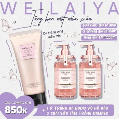 Combo 2 chai sữa tắm hoa hồng Damask tặng 1 kem ủ trắng body vỏ hồ đào Weilaiya