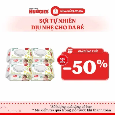 Combo 4 gói khăn ướt Huggies Êm mềm (không mùi) cao cấp, sợi tự nhiên và dịu nhẹ cho bé (80 miếng/gói)