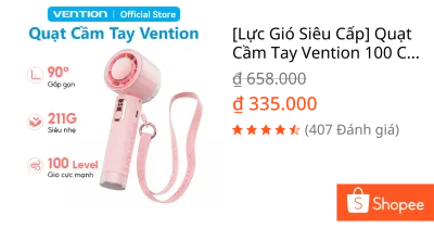 [Lực Gió Siêu Cấp] Quạt Cầm Tay Vention 100 Cấp Độ Gió, Gập 90°, Pin 3000mAh 8H, LED Hiển Thị, Motor 13000RPM, Đeo Cổ