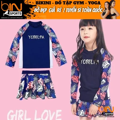 Đồ bơi bé gái 2 mảnh kín đáo áo tay dài quần đùi váy họa tiết nhiều màu dễ thương size từ 20-56kg BINSPORTS BB116