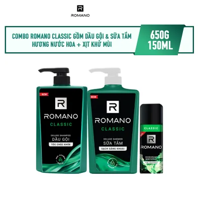 Combo Romano Classic gồm Dầu Gội & Sữa Tắm Hương Nước Hoa 650g + Xịt Khử Mùi 150ml
