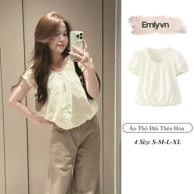 EMLY - Áo Thô Đũi Nữ Thêu Hoa Vintage- Áo Nữ Mùa Hè Chất Đũi Mềm Cực Mát Hàn Quốc