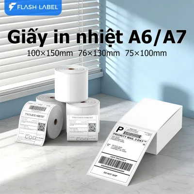 Flashlabel Giấy In Nhiệt A6 - 100x150mm - Tệp 500 Tem In Bill TMĐT Cuộn A6 A7 Tem Trà Sữa Có Lớp Keo