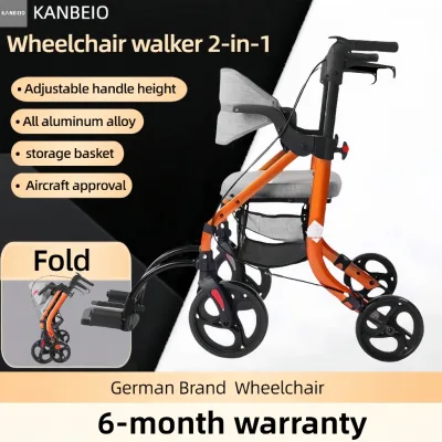 Xe đẩy và xe lăn có thể gập lại KANBEIO 2 trong 1: Thiết bị hỗ trợ dành cho người già, xe đẩy phục hồi chức năng, nhẹ và có thể điều chỉnh, được làm từ vật liệu an toàn