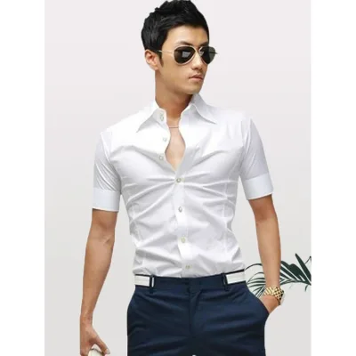 Thời Trang Mùa Hè Áo Sơ Mi Tay Ngắn Hợp Thời Trang Nam Slim-fit Thanh Niên Màu Trơn Phiên Bản Hàn Quốc Cổ Cao Tay Ngắn Áo Sơ Mi Nam Hợp Thời Trang